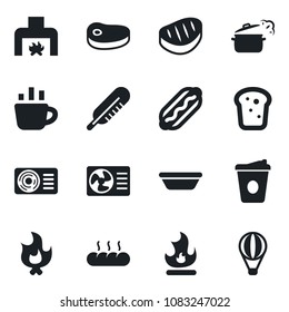 Set of vector isolated black icon - coffee vector, fire, thermometer, fireplace, air conditioner, bread, steak, hot dog, bowl, steaming pan, balloon