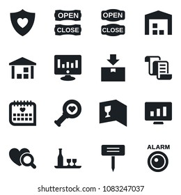 Set of vector isolated black icon - contract vector, statistic monitor, plant label, heart diagnostic, shield, medical calendar, warehouse, package, alcohol, wine card, open close, alarm led