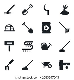 Set of vector isolated black icon - job vector, garden fork, shovel, rake, watering can, wheelbarrow, sproute, hoe, sickle, plant label, greenhouse, fertilizer, drip irrigation