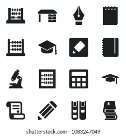Set of vector isolated black icon - graduate vector, abacus, desk, notepad, pencil, contract, microscope, calculator, notes, ink pen, book