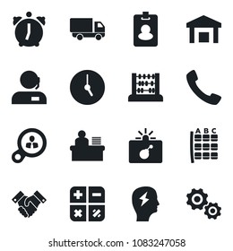 Set of vector isolated black icon - bomb in case vector, seat map, calculator, abacus, brainstorm, car delivery, warehouse, call, clock, alarm, support, manager desk, handshake, pass card, gear