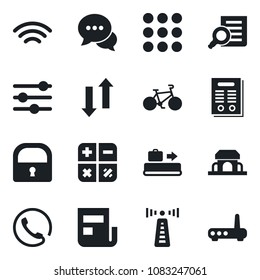 Set of vector isolated black icon - antenna vector, baggage conveyor, calculator, document search, bike, dialog, menu, tuning, data exchange, wireless, lock, news, contract, phone, cafe building