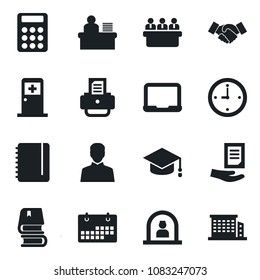 Set of vector isolated black icon - reception vector, medical room, handshake, graduate, notebook pc, notepad, document, meeting, printer, user, calendar, clock, calculator, manager desk, book