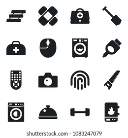Set of vector isolated black icon - camera vector, mouse, job, saw, doctor case, patch, barbell, remote control, hdmi, fingerprint id, paper tray, washer, dish, water heater