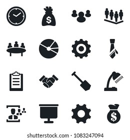 Set of vector isolated black icon - gear vector, team, money bag, meeting, job, group, settings, clipboard, clock, presentation board, pie graph, hr, desk lamp, tie, handshake