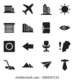 Set of vector isolated black icon - left arrow vector, lawn mower, sun, eye, plane, record, office chair, mountains, building, smoke detector, jalousie, fridge, paper, tie