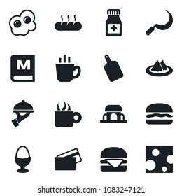 Set of vector isolated black icon - sickle vector, pills bottle, serviette, menu, coffee, waiter, egg stand, bread, cafe building, credit card, hamburger, cutting board, omelette, cheese