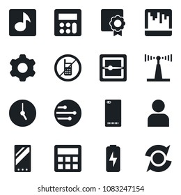 Set of vector isolated black icon - no mobile vector, antenna, phone back, settings, user, calculator, clock, scanner, network, music, charge, sertificate, update