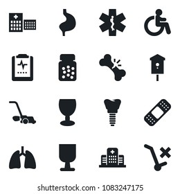 Set of vector isolated black icon - disabled vector, lawn mower, bird house, pills bottle, patch, ambulance star, stomach, lungs, implant, broken bone, pulse clipboard, hospital, fragile, no trolley