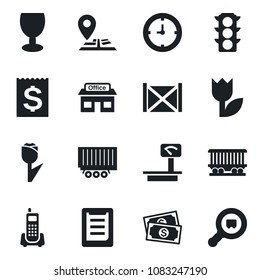 Set of vector isolated black icon - navigation vector, railroad, store, cash, traffic light, office phone, truck trailer, clock, receipt, container, clipboard, fragile, tulip, heavy scales