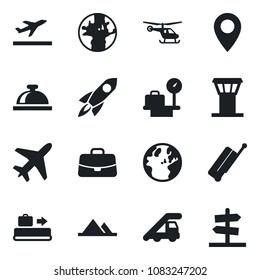 Set of vector isolated black icon - plane vector, airport tower, suitcase, departure, baggage conveyor, reception bell, ladder car, helicopter, luggage scales, case, earth, pin, mountains, rocket