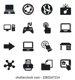 Set of vector isolated black icon - bomb in case vector, right arrow, desk, notebook pc, printer, folder document, gamepad, network, touch screen, laptop, share, home control app