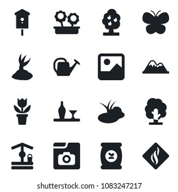 Set of vector isolated black icon - flower in pot vector, tree, watering can, sproute, butterfly, well, pond, bird house, fertilizer, gallery, photo, fruit, mountains, alcohol, smoke detector