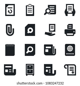 Set of vector isolated black icon - passport vector, document search, notepad, reload, printer, news, clipboard, paper clip, archive box, contract