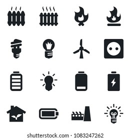 Set of vector isolated black icon - bulb vector, fire, battery, low, heater, factory, eco house, socket, energy saving, windmill, idea