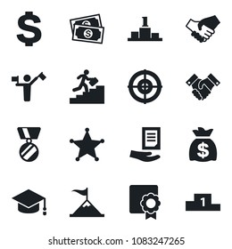 Set of vector isolated black icon - dispatcher vector, dollar sign, medal, graduate, money bag, document, cash, sertificate, target, handshake, career ladder, police, motivation, pedestal