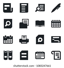 Set of vector isolated black icon - book vector, document search, pen, calendar, folder, news, printer, schedule, contract