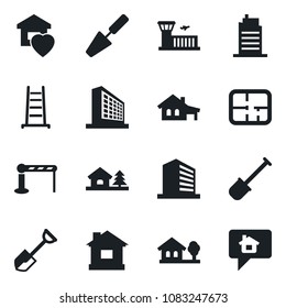 Set of vector isolated black icon - barrier vector, airport building, office, trowel, shovel, ladder, house, with garage, tree, plan, sweet home, city, message