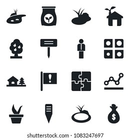 Set of vector isolated black icon - manager vector, seedling, plant label, pond, fertilizer, important flag, application, point graph, house with tree, fruit, eco, money bag