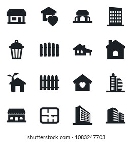 Set of vector isolated black icon - office building vector, fence, house, garden light, store, with garage, plan, sweet home, city, cafe, eco