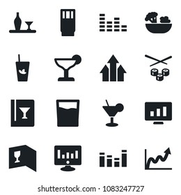 Set of vector isolated black icon - statistic monitor vector, equalizer, alcohol, wine card, drink, cocktail, phyto bar, salad, sushi, arrow up graph, growth