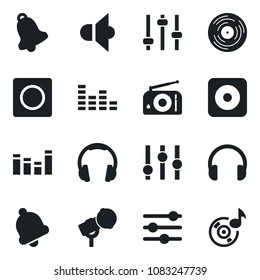 Set of vector isolated black icon - vinyl vector, microphone, radio, speaker, settings, equalizer, headphones, rec button, tuning, bell, record, music