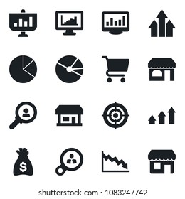 Set of vector isolated black icon - shop vector, money bag, store, monitor statistics, pie graph, target, consumer search, arrow up, crisis, cart, presentation, storefront