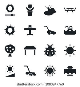 Set of vector isolated black icon - sun vector, flower in pot, lawn mower, lady bug, pond, picnic table, brightness, pool, fruit tree, restaurant