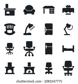 Set of vector isolated black icon - office chair vector, desk, fireplace, lamp, bedroom, children room, cushioned furniture, restaurant table, fridge