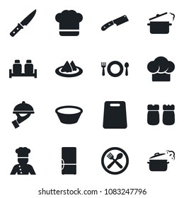 Set of vector isolated black icon - fridge vector, cook, serviette, cafe, hat, waiter, salt and pepper, bowl, cutting board, knife, steaming pan