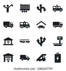 Set of vector isolated black icon - dispatcher vector, airport bus, ladder car, ambulance, route, truck trailer, delivery, heavy scales, garage, gate control, battery