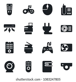 Set of vector isolated black icon - mouse vector, gamepad, remote control, radio phone, copier, air conditioner, power plug, water heater, web camera