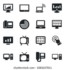 Set of vector isolated black icon - wireless notebook vector, radar, statistic monitor, pulse, tv, touch screen, laptop pc, statistics, intercome