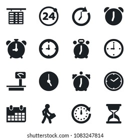 Set of vector isolated black icon - 24 around vector, alarm clock, flight table, calendar, heavy scales, manager, sand