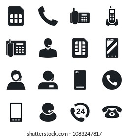 Set of vector isolated black icon - phone vector, mobile, office, 24 hours, support, back, call, sim