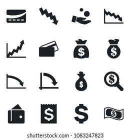 Set of vector isolated black icon - dollar sign vector, money bag, crisis graph, receipt, credit card, wallet, growth, search, investment, cash