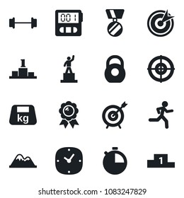 Set of vector isolated black icon - pedestal vector, medal, barbell, run, heavy, clock, stopwatch, target, mountains