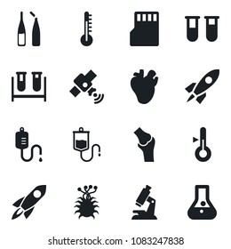 Set of vector isolated black icon - blood test vial vector, dropper, microscope, ampoule, real heart, joint, virus, satellite, sd, thermometer, rocket, flask
