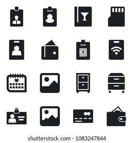 Set of vector isolated black icon - credit card vector, identity, medical calendar, gallery, sd, archive box, wine, pass, wallet