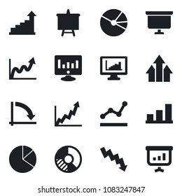 Set of vector isolated black icon - growth statistic vector, presentation board, crisis graph, monitor, circle chart, statistics, bar, pie, point, arrow up