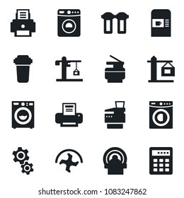 Set of vector isolated black icon - coffee machine vector, washer, ripper, tomography, printer, copier, crane, gear, water filter, combination lock
