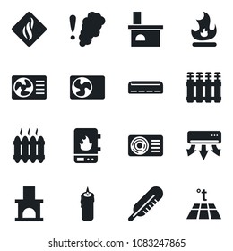 Set of vector isolated black icon - fire vector, fireplace, thermometer, heater, air conditioner, candle, water, smoke detector, radiator, warm floor