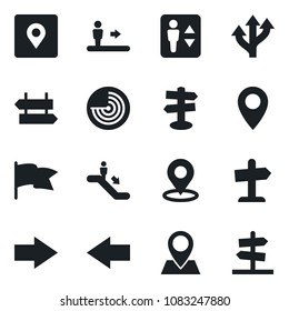 Set of vector isolated black icon - elevator vector, escalator, signpost, right arrow, left, radar, route, pin, place tag, flag, guidepost