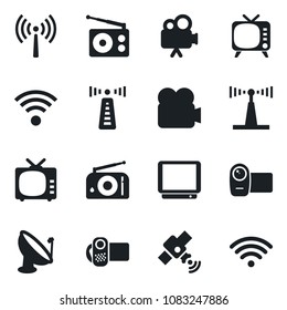 Set of vector isolated black icon - antenna vector, satellite, radio, tv, video camera, wireless