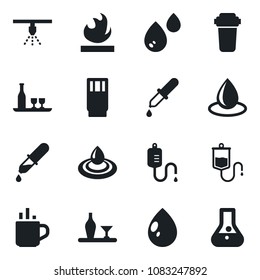 Set of vector isolated black icon - hot cup vector, water drop, dropper, flammable, alcohol, drink, filter, sprinkler, flask