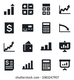 Set of vector isolated black icon - credit card vector, growth statistic, calculator, receipt, bar graph, wallet, crisis, presentation