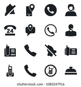Set of vector isolated black icon - phone vector, no mobile, office, 24 hours, support, tracking, radio, call, mute, reception