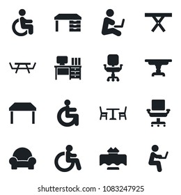 Set of vector isolated black icon - cafe vector, disabled, desk, picnic table, office chair, cushioned furniture, restaurant, man with notebook