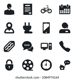 Set of vector isolated black icon - lock vector, calendar, bike, navigation, clock, reel, cell phone, dialog, call, support, contract, hot dog, power plug, pc, home message