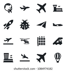 Set of vector isolated black icon - plane vector, departure, arrival, ladder car, helicopter, seat map, globe, airport building, lady bug, rocket, paper, air balloon